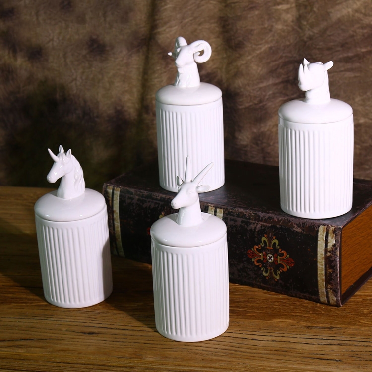 Contemporary Cylinder 4-Piece Ceramic Kitchen Storage Canister Set with Animal Lid in Ivory window image