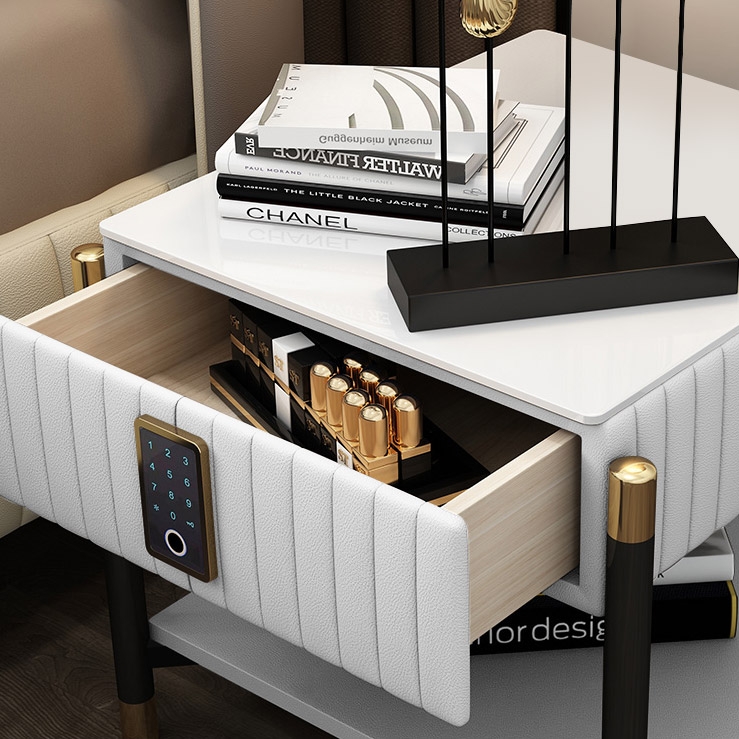 White Upholstered Bedside Table 1-Drawer Nightstands with Electronic Lock window image