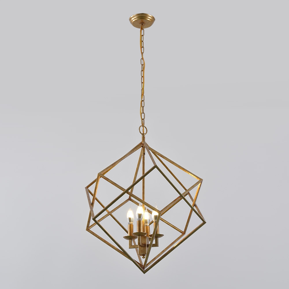 Modern Mid-Century Square Geometric Candle Chandelier 4-Light Antique Gold window image