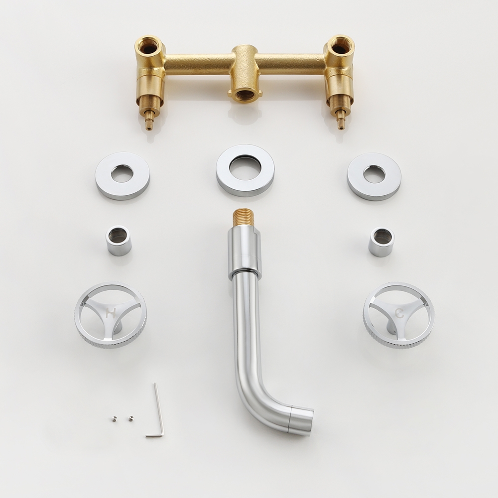 Ave Industrial Wall Mount Bathroom Mixer Tap 2 Wheel Handles Solid Brass in Chrome window image