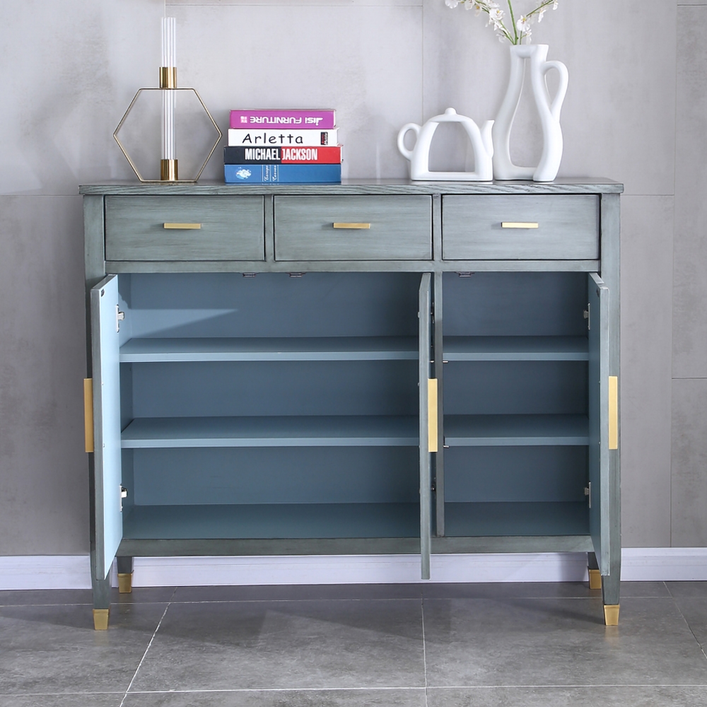 1194mm Grey Vintage Storage Cabinet with 3 Doors & 3 Drawers & 4 Shelves in Gold Finish window image