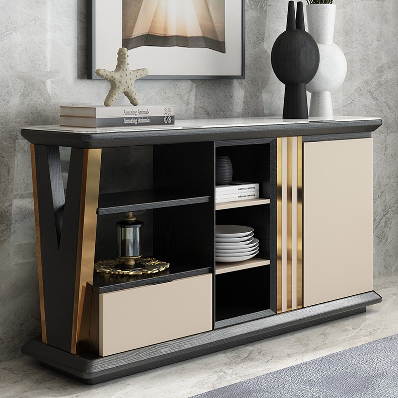 Modern Sideboard Buffet Gold Sideboard Table with Drawer & Shelf Accent Cabinet Open Storage window image