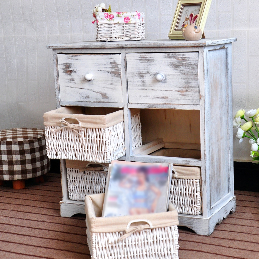 Cottage Distressed White Cabinet Solid Wood Chest with Drawers Rattan&Fabric window image