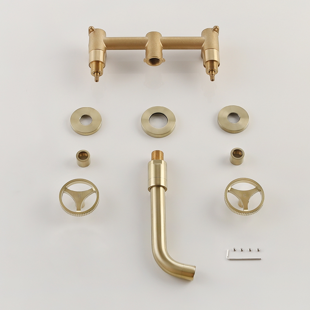 Ave Industrial Wall Mount Bathroom Sink Faucet Brushed Gold 2 Wheel Handles Solid Brass window image
