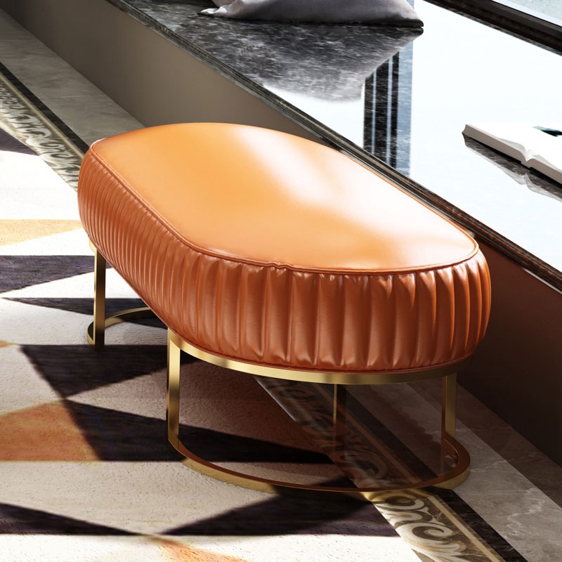 Modern Faux Leather Tan Upholstered Tufted Bench Gold Metal Bench Small window image