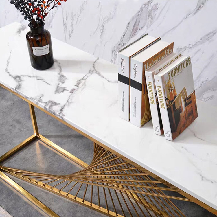 Modern 55" Rectangular Faux Marble Accent Entryway Console Table Stainless Steel Frame in Gold window image