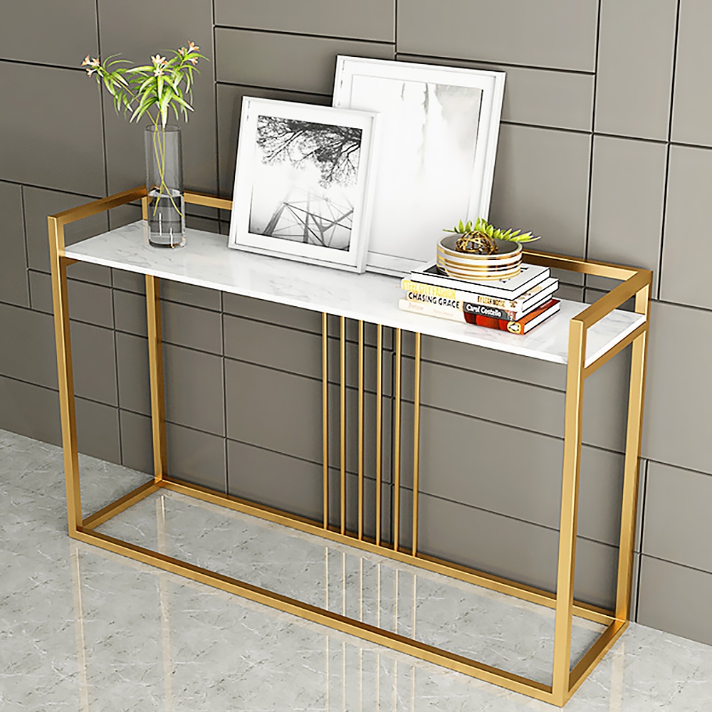 White Console Table Modern Narrow Faux Marble Console Table Rectangle Gold Finish window image