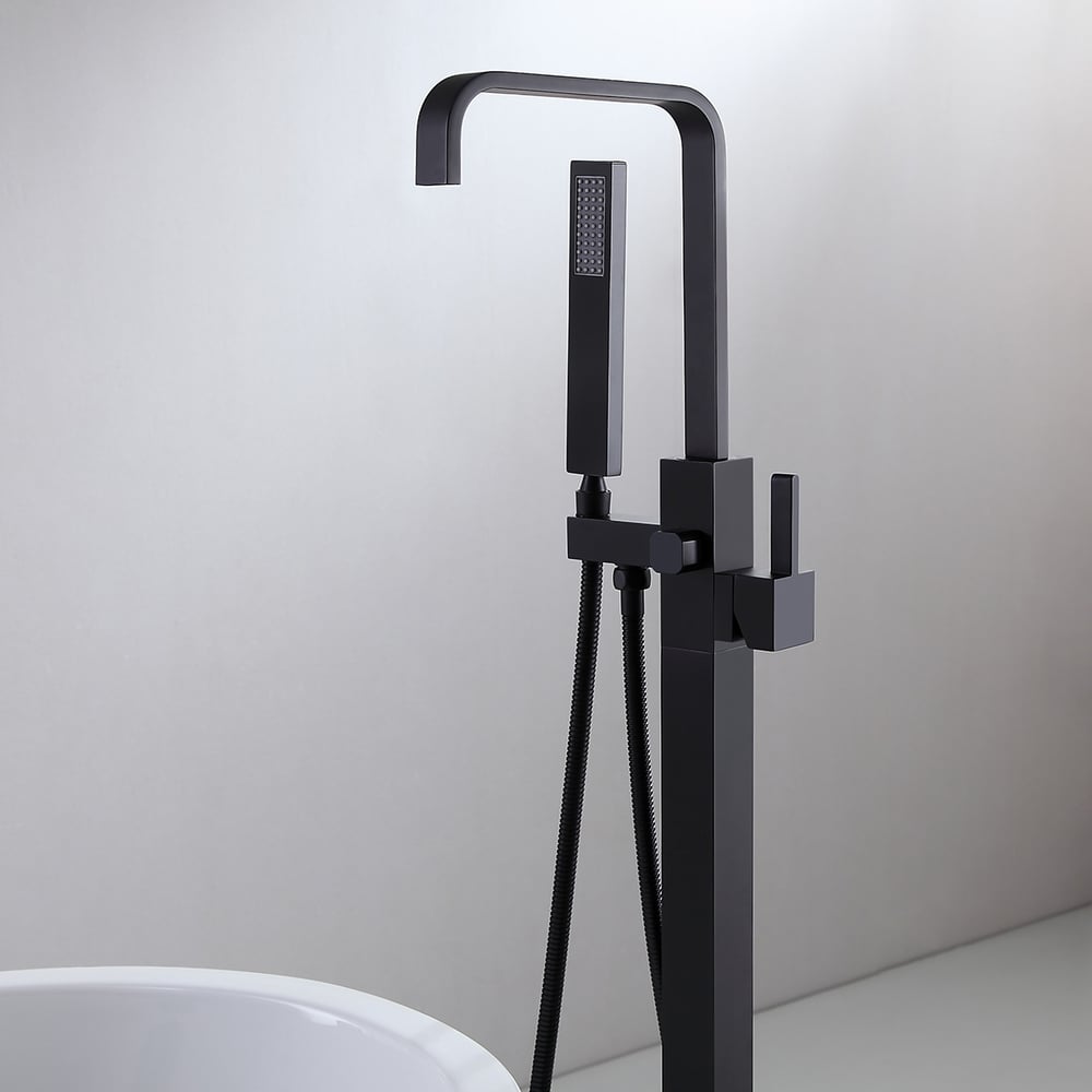 Dree Modern Matte Black Floor Mounted Freestanding Tub Faucet with Handheld Shower 1-Handle Solid Brass window image