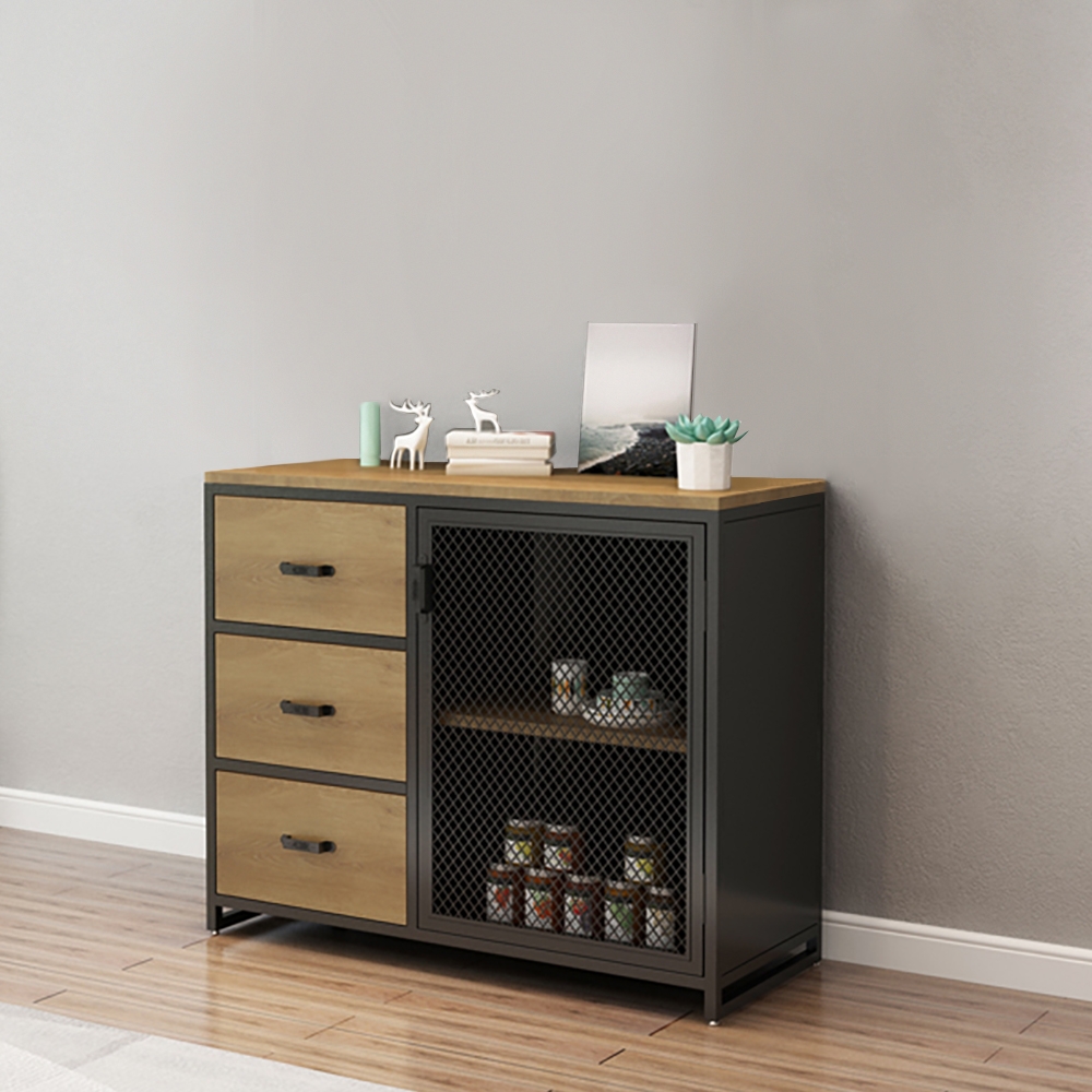 Industrial Loft Black Sideboard Buffet Storage Metal Mesh Accent Cabinet with Door&Drawer&Shelf window image