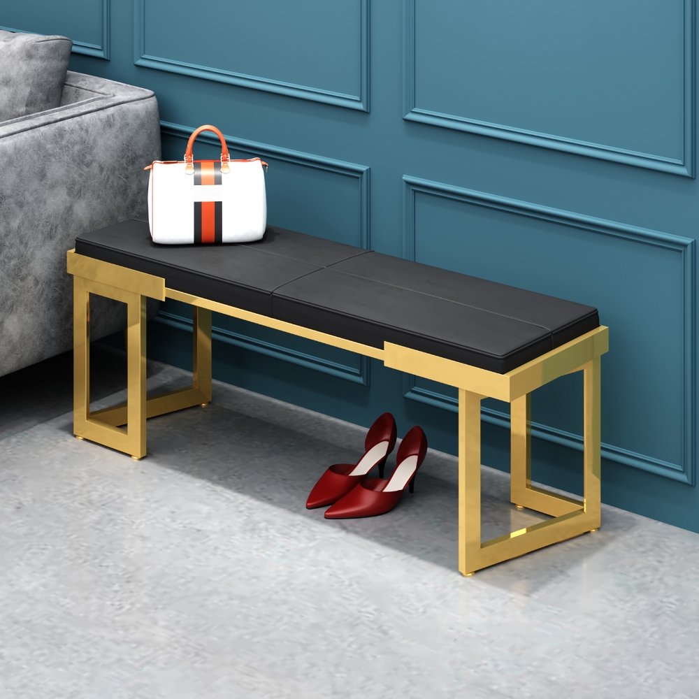 Modern Black Upholstered Bench Soft PU Leather Bench with Gold Metal window image