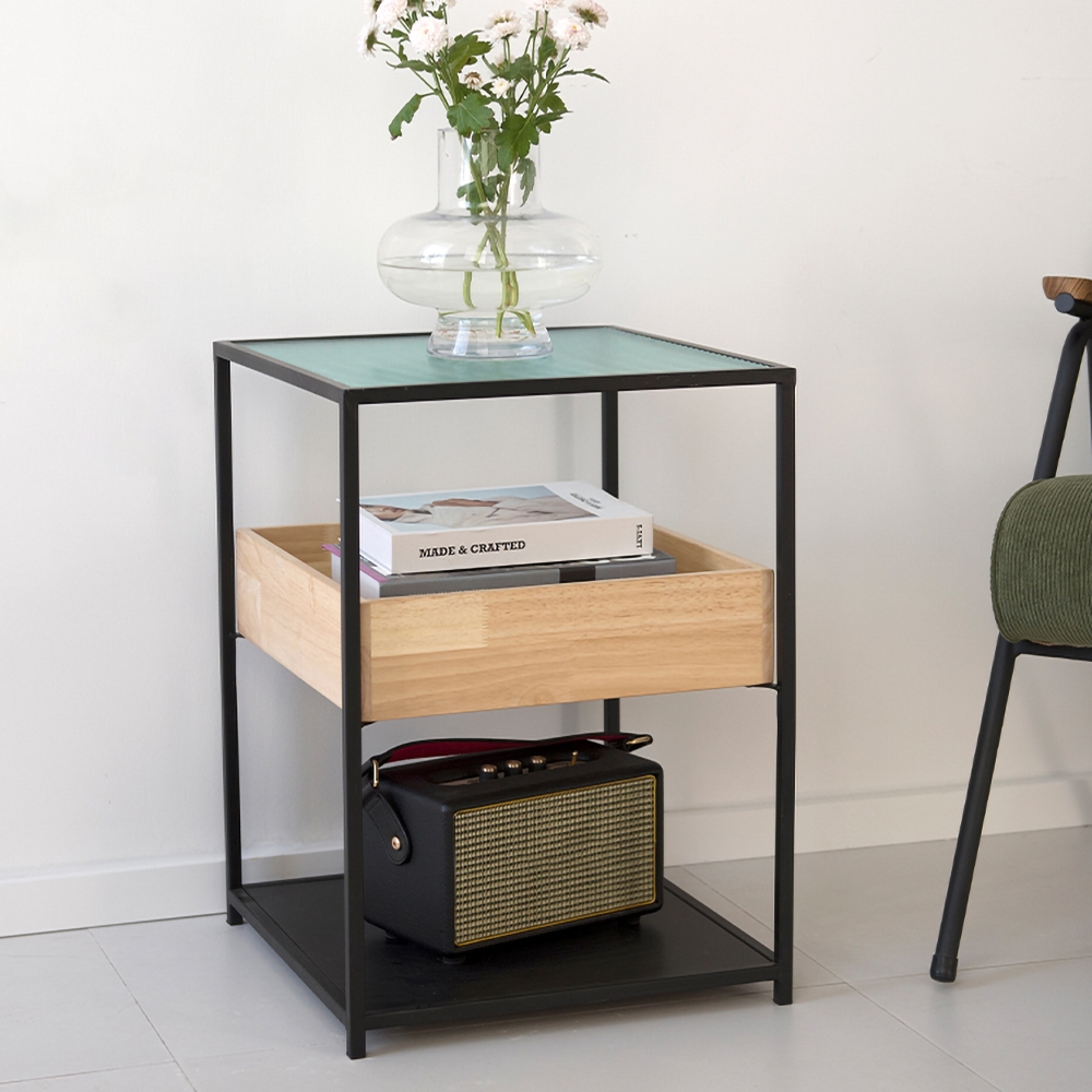 Black Square Side Table with Storage Glass Top End Table window image
