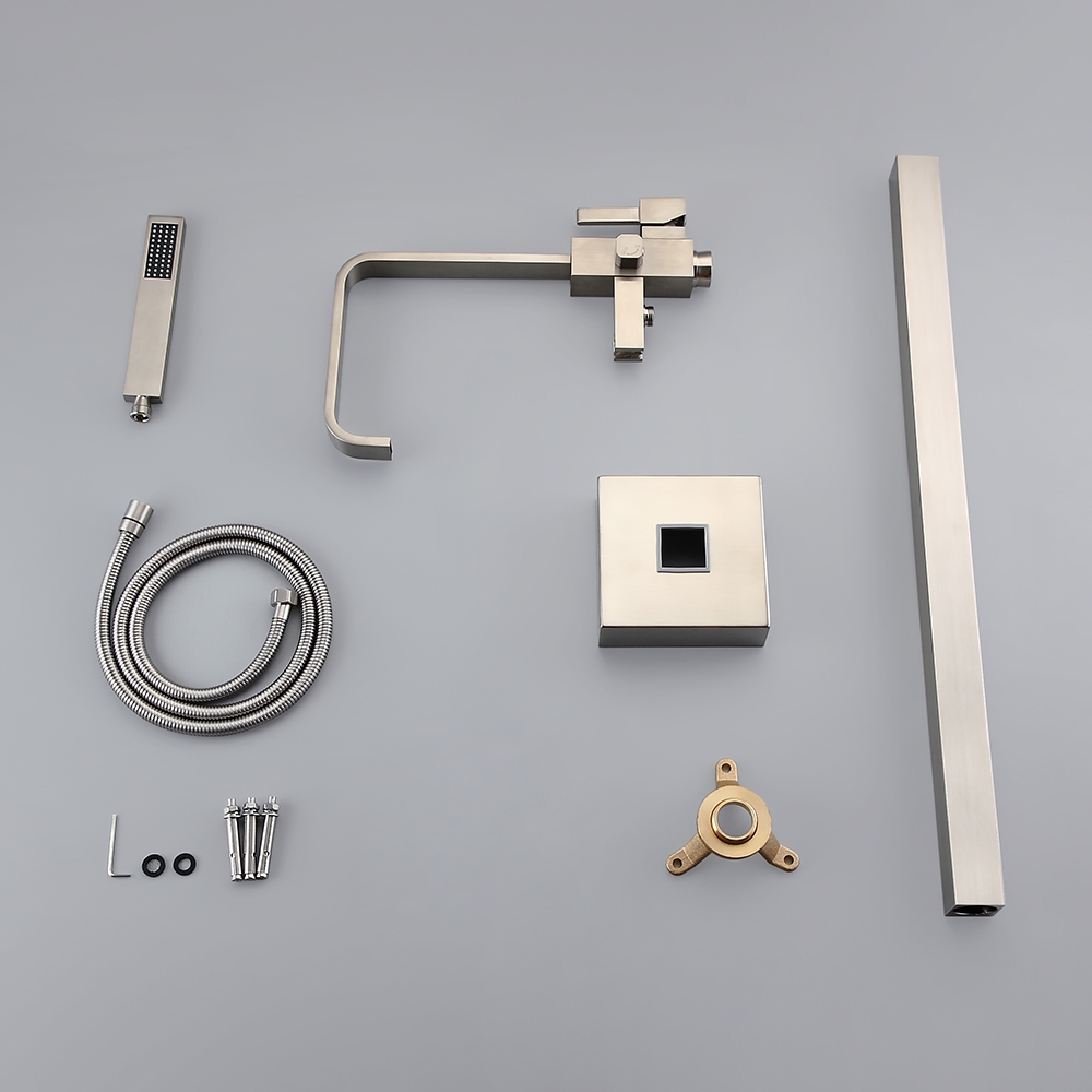 Dree Brushed Nickel Floor Mount Modern Tub Filler Faucet & Hand Shower Single Handle Solid Brass window image