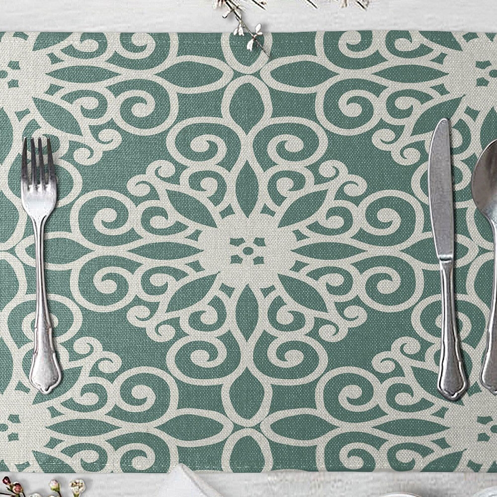 Contemporary Minimalist Design Rectangle Washable Placemats Geometric Pattern Cotton Linen in White & Green Style A Set of 6 window image