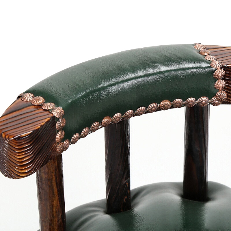 Retro Rustic Swivel Bar Stool Leather Wood Bar Stool with Back Round Nail Heads Seat Cushion in Green window image