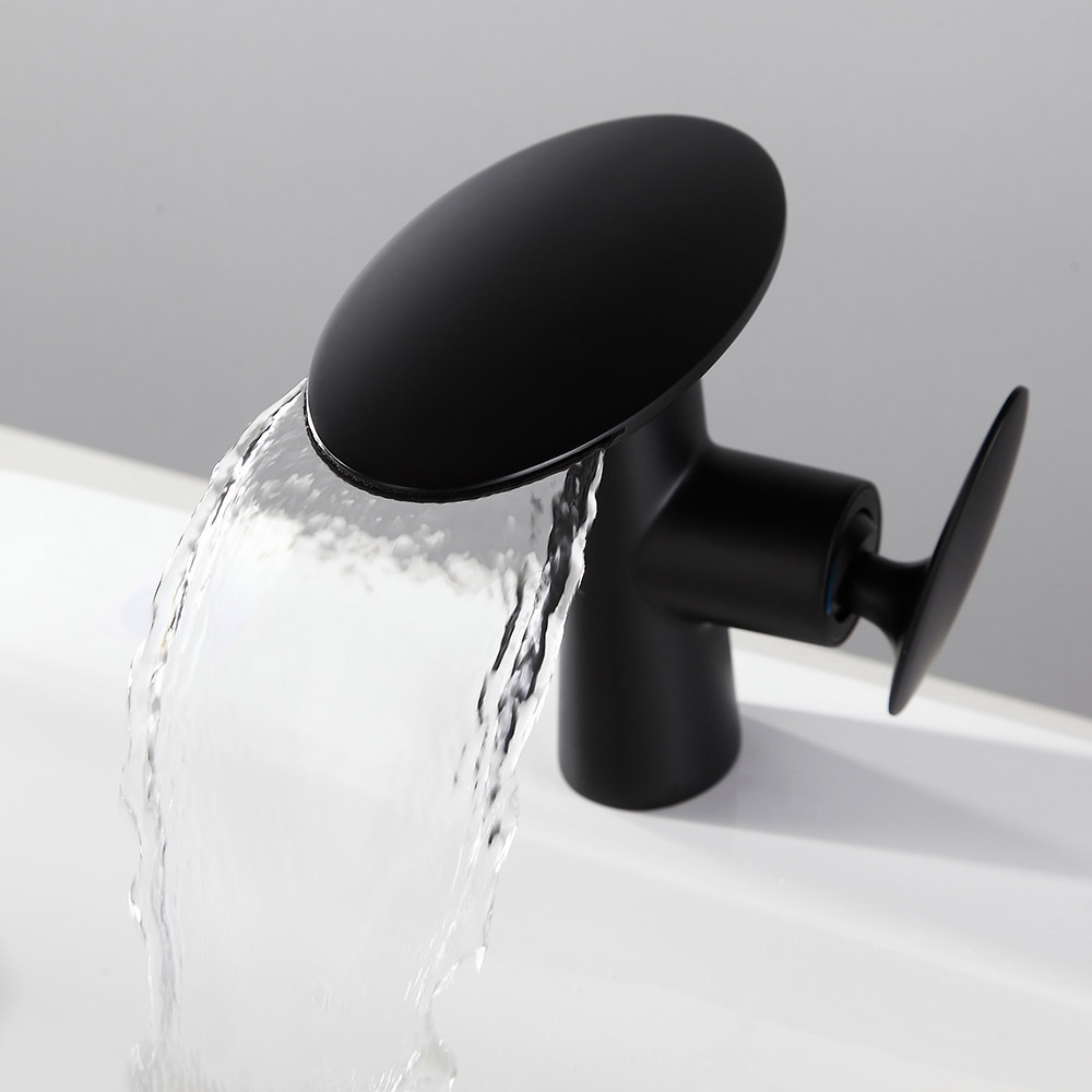 Pene Contemporain Laiton Massif Bec Cascade Bec simple poignée un trou Noir Robinet d'évier de salle de bain image de fenêtre