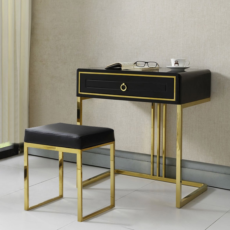 Bureau moderne laqué noir avec tiroir et tabouret, bureau d'ordinateur avec rangement image de fenêtre