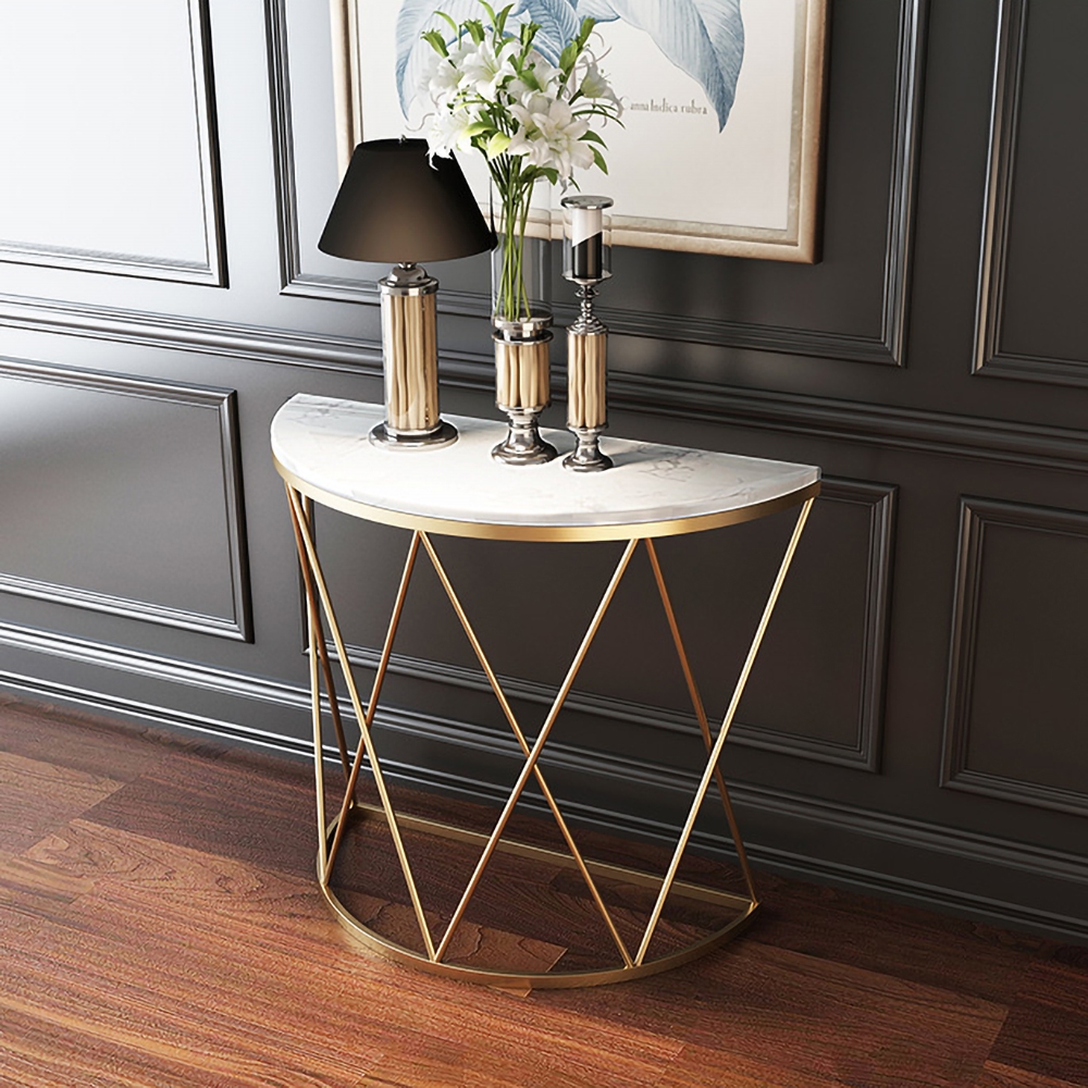 Modern Luxury Faux Marble Narrow Console Table Semicircle Table Gold window image