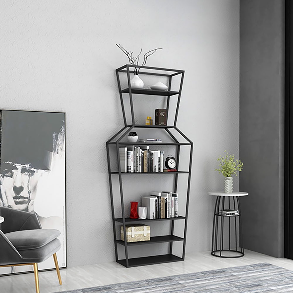 70" Black Metal Etagere Bookshelf Vase-Shaped Freestanding 7-Tier Shelf window image