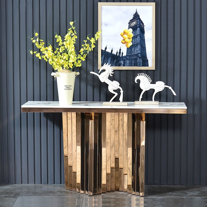Moderne luxe stijl rechthoekige witte faux marmeren consoletafel in goud Vensterafbeelding