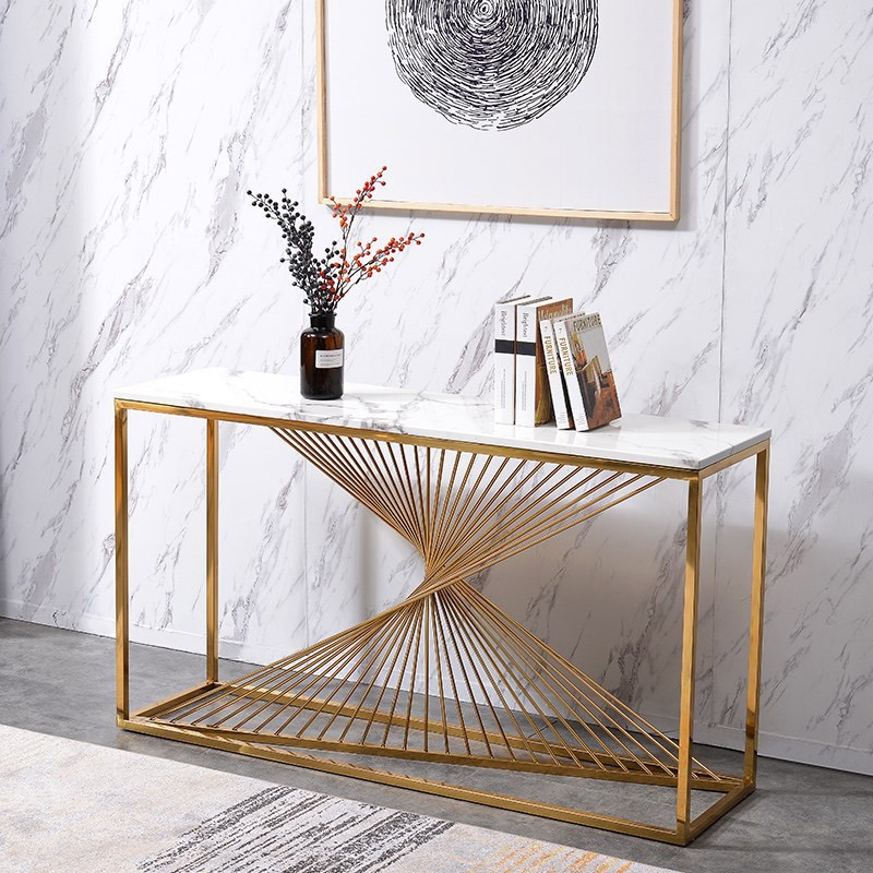 Modern 55" Rectangular Faux Marble Accent Entryway Console Table Stainless Steel Frame in Gold window image