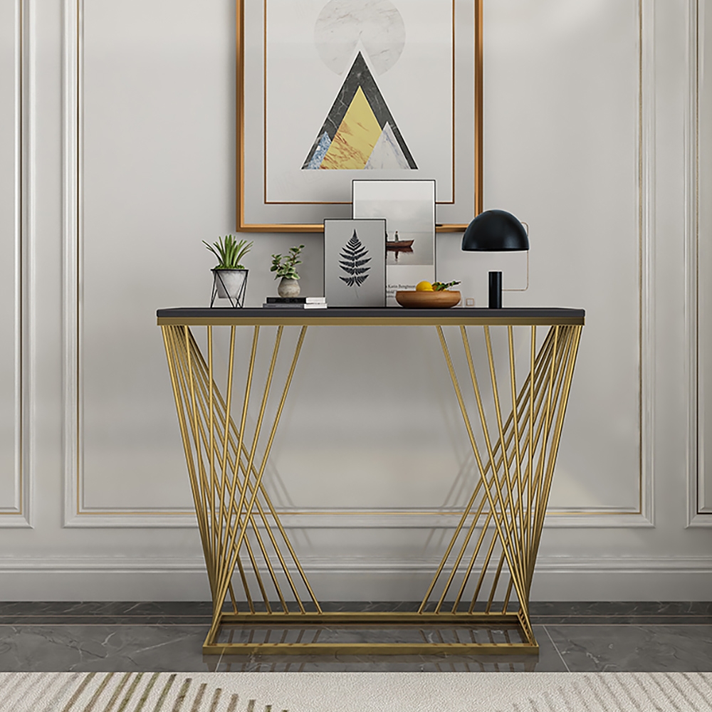 Black Rectangular Narrow Console Table Modern Sintered Stone Accent Table Metal in Gold window image