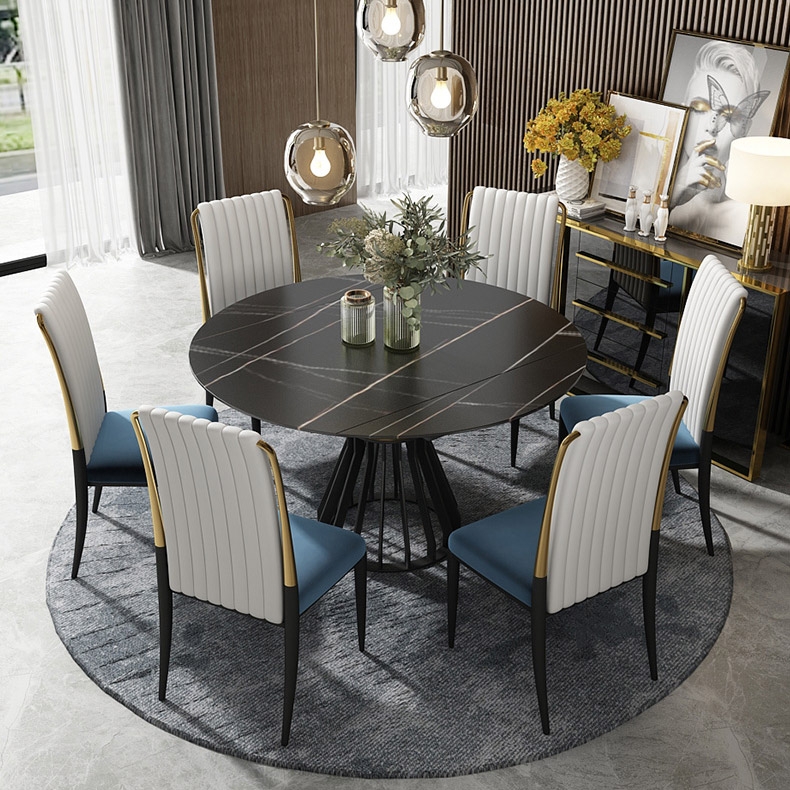 Modern Black Round Leaf Extendable Dining Table Sintered Stone Top Pedestal Base window image