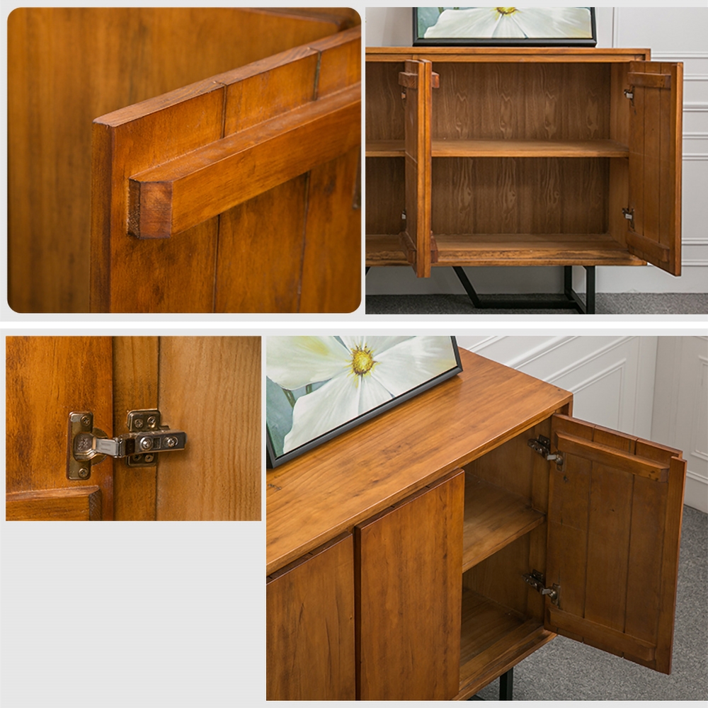 Cottage Walnut Sideboard Buffet Pine Wood Kitchen Cabinet with 4 Doors and 2 Shelves in Black window image