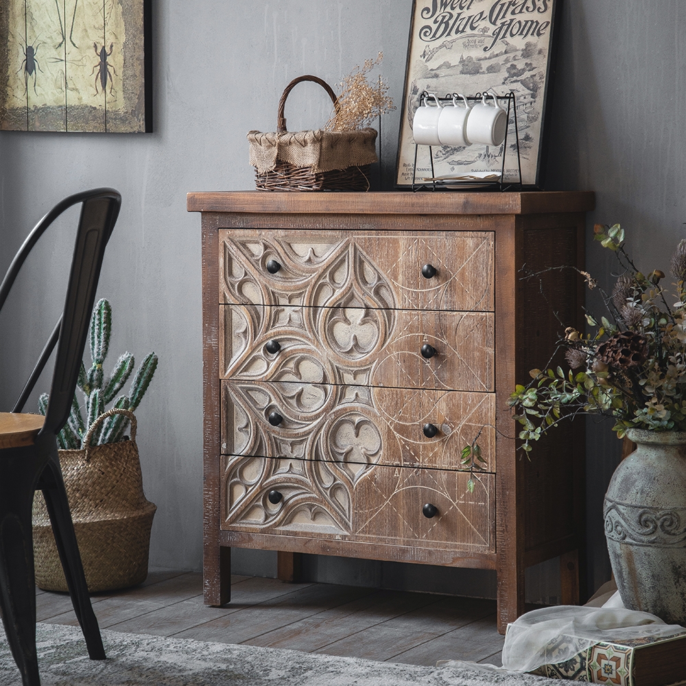 Rustic Walnut Cabinet Carved and Painted Patterns Chest of 4 Drawers window image