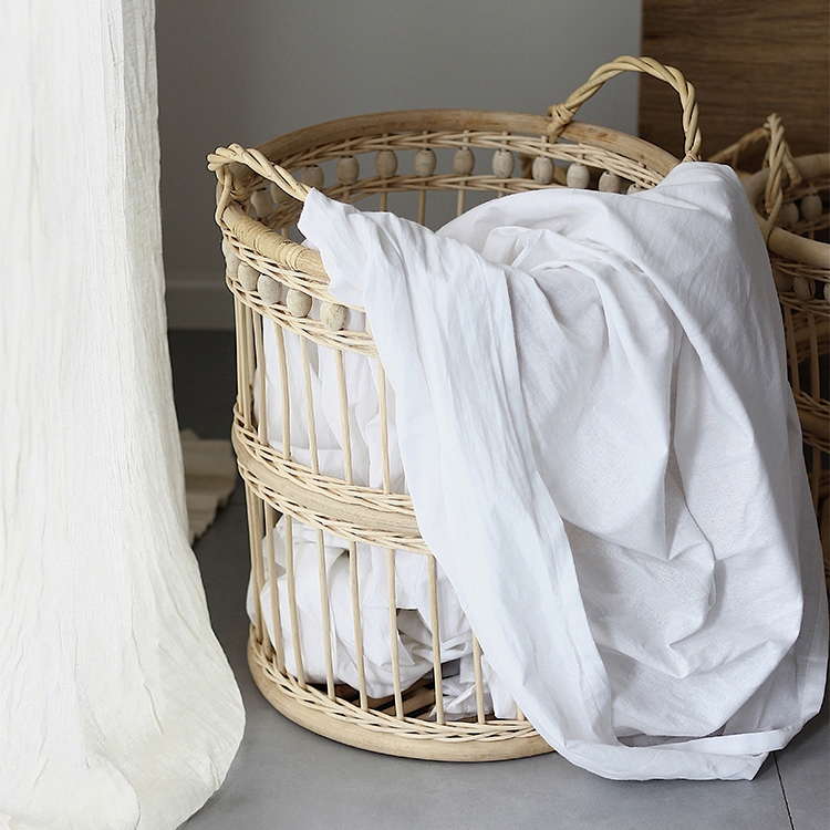 French Country Style Wood Bead Hollow Out Weave Rattan Storage Basket with Double Handles Cylindric Laundry Hamper in Beige window image