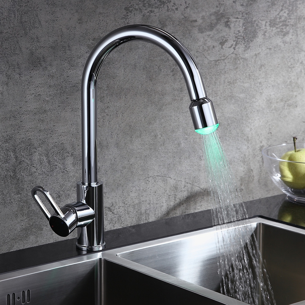 LED Single Side Handle Swivel Spout Kitchen Sink Faucet with Pull-Out Sprayer in Chrome window image