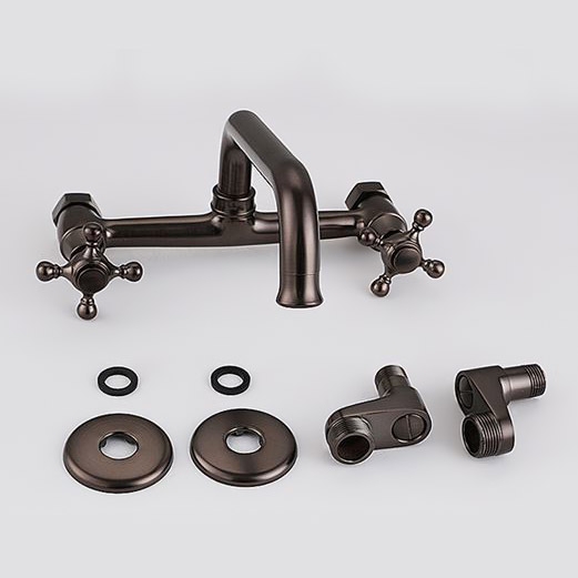 Classic Aerated Spout Wall-Mounted Double Cross Handle Kitchen Faucet Solid Brass in Oil Rubbed Bronze window image