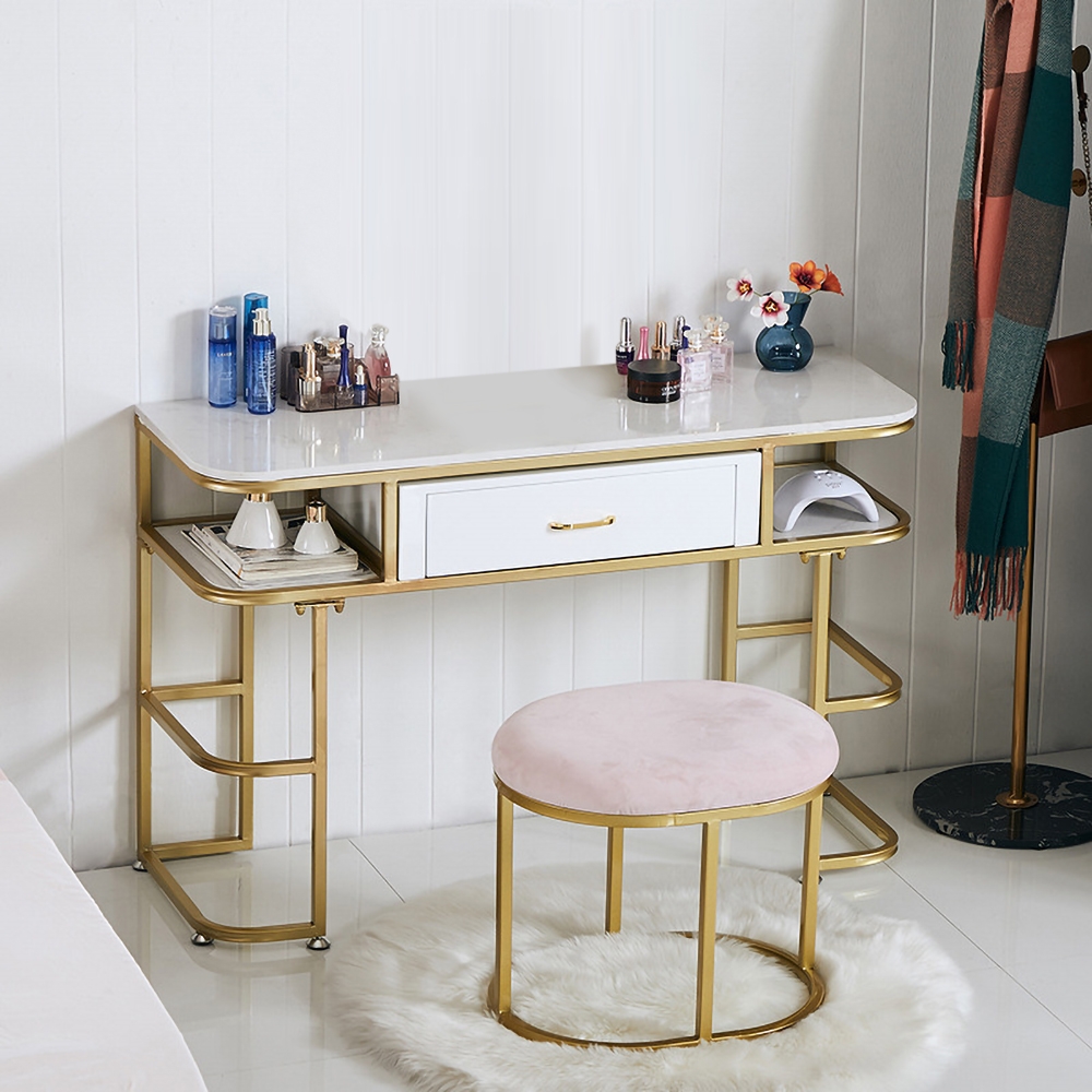 39" Modern White Makeup Vanity Faux Marble Dressing Table with 1 Drawer & Shelves in Gold window image