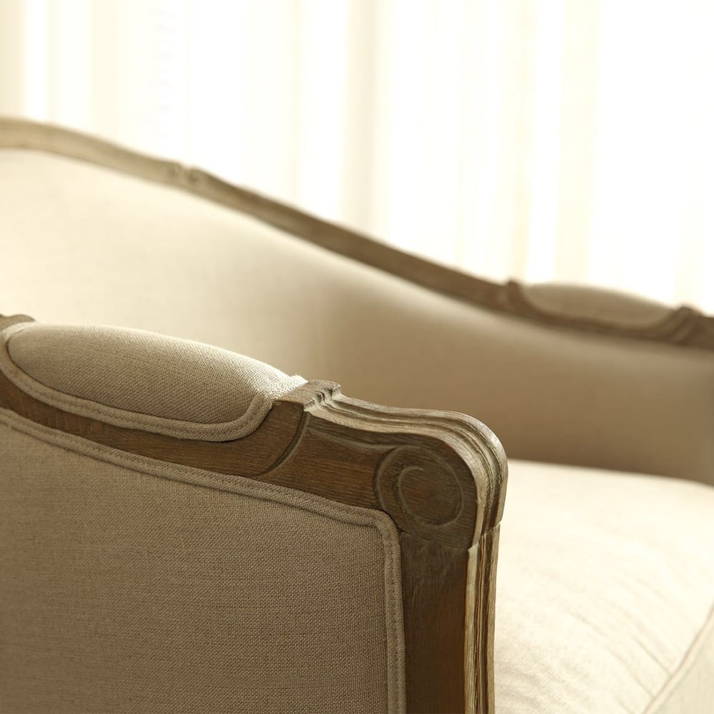 French Rustic Barrel Chair Linen Upholstered Oak Accent Chair Beige and Natural window image