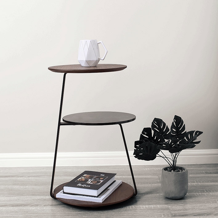 Contemporary Minimalist 3-Tier Side Table Round Walnut Side Table Tempered Glass Side Table with Shelf window image