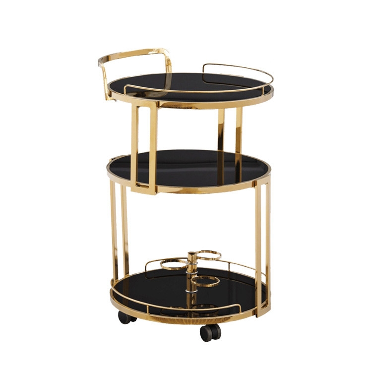 Rolling 3-Tier Round Bar Cart Gold and Black with Wheel & Handle window image