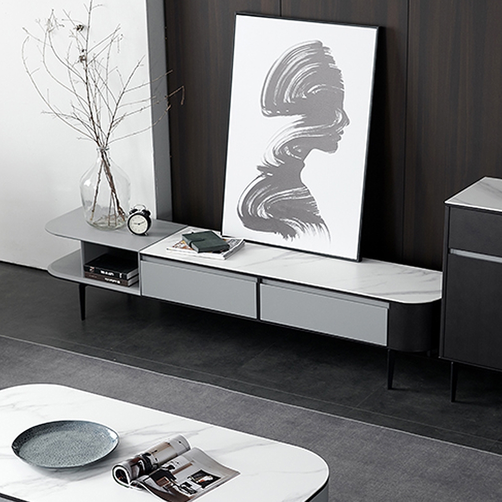 Italian Minimalist Grey TV Stand Stone Top 2-Drawer Entertainment Console for TVs window image