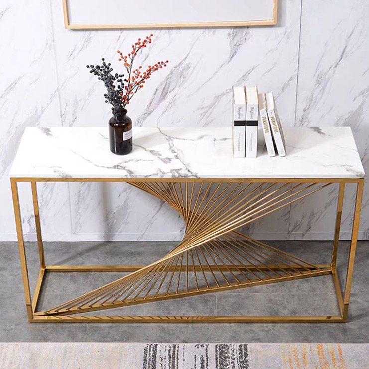 Modern 55" Rectangular Faux Marble Accent Entryway Console Table Stainless Steel Frame in Gold window image