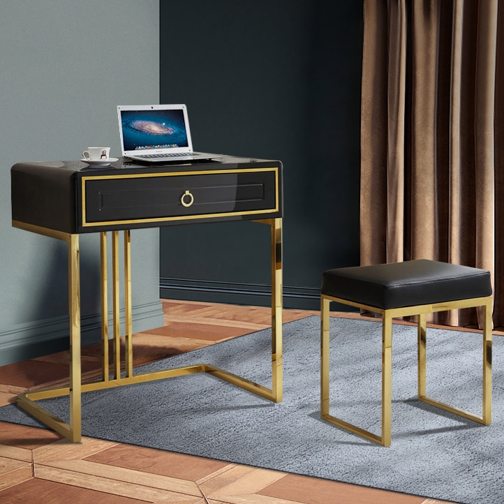 Bureau moderne laqué noir avec tiroir et tabouret, bureau d'ordinateur avec rangement image de fenêtre