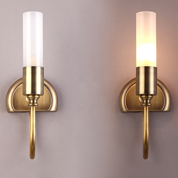 Rustic Cylinder Glass Shade 1-Light Indoor Wall Sconce with Curved Arm in Brass window image