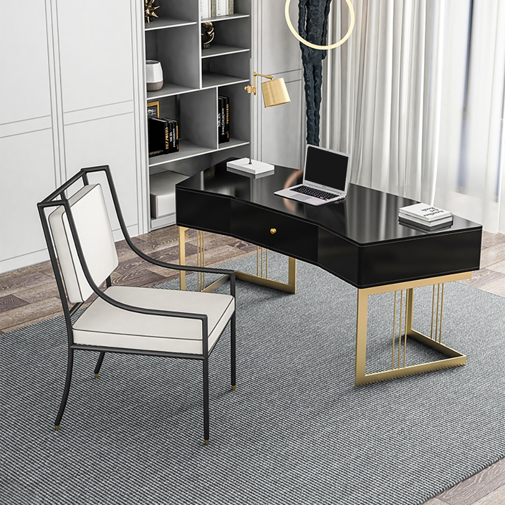 Escritorio negro con cajón Escritorio moderno para ordenador MDF y metal dorado Imagen de ventana
