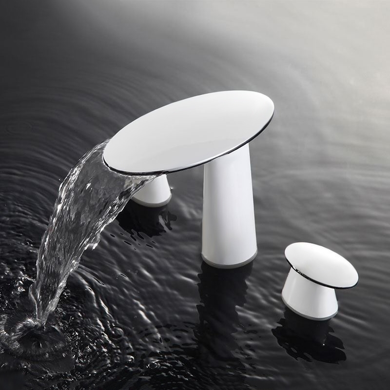 Pene Contemporary Widespread Waterfall Solid Brass Bathroom Sink Faucet Double Lever Handle Finished in White with a Pinch of Chrome window image