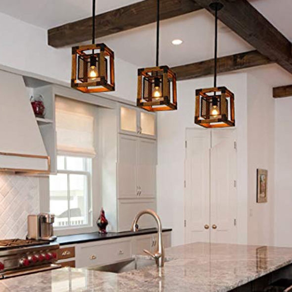 Farmhouse 1-Light Lantern Pendant Light Industrial Black Metal Wire Cage Wood Ceiling Light window image