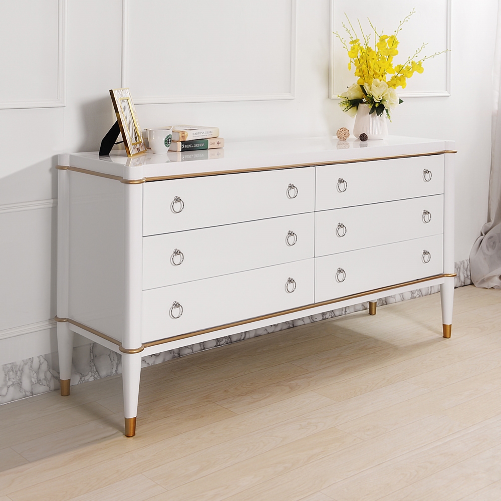 1500mm White Cabinet Glossy Bedroom Dresser with 6 Drawers in Gold window image