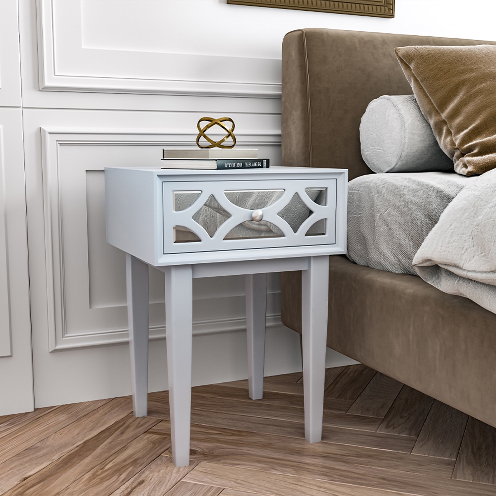 Modern Blue Nightstand with 1 Carved Glass Drawer in High Legs window image