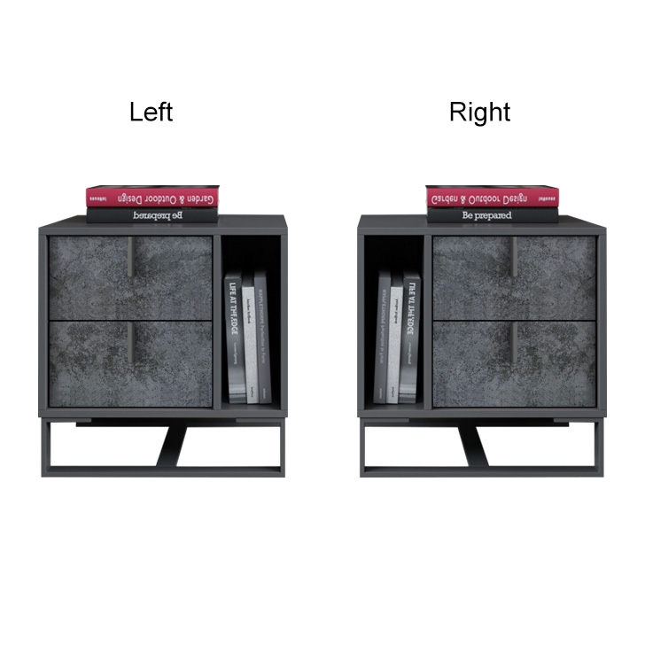Modern Gray Night Stand 2-Drawer Nightstand Bedside Cabinet with Open Storage Metal Base window image
