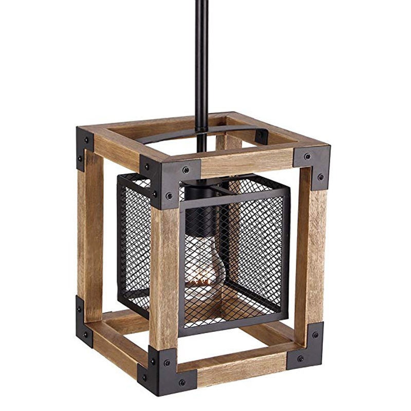Farmhouse 1-Light Lantern Pendant Light Industrial Black Metal Wire Cage Wood Ceiling Light window image