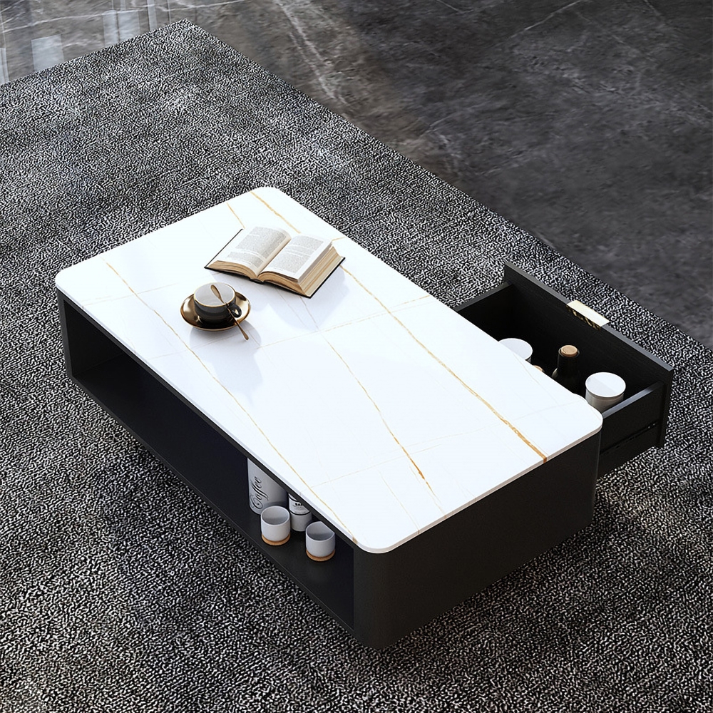 White Rectangular Coffee Table with Storage Sintered Stone 2-Drawer Accent Table window image