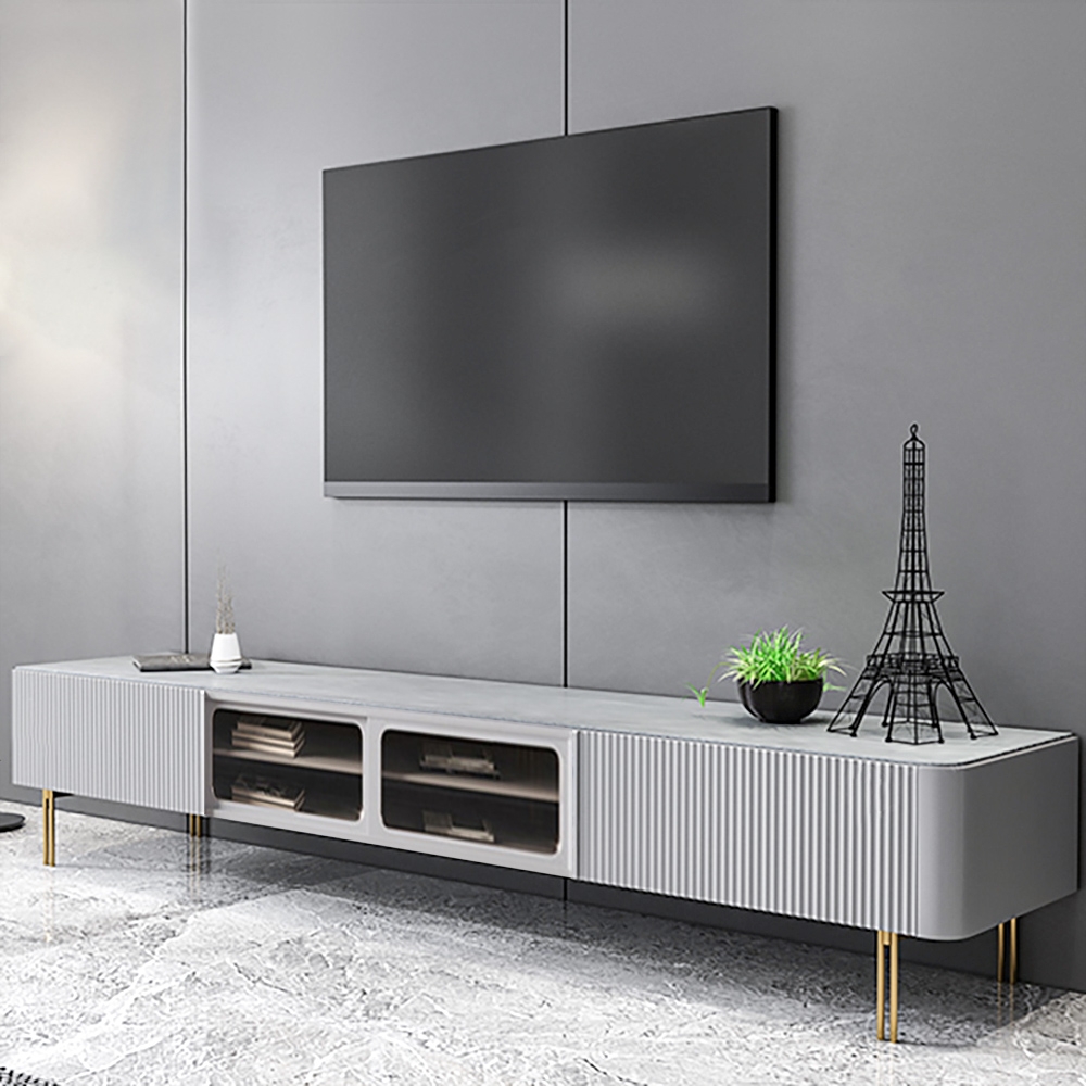 Minimalist Gray TV Stand Sintered Stone Top Media Console with Sliding Doors for TVs window image