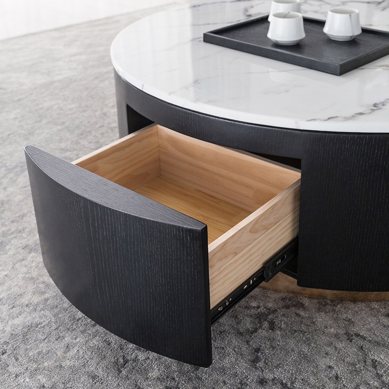 Modern Round White and Black Storage Coffee Table with Drawer & Faux Marble Top Stainless Steel Base window image