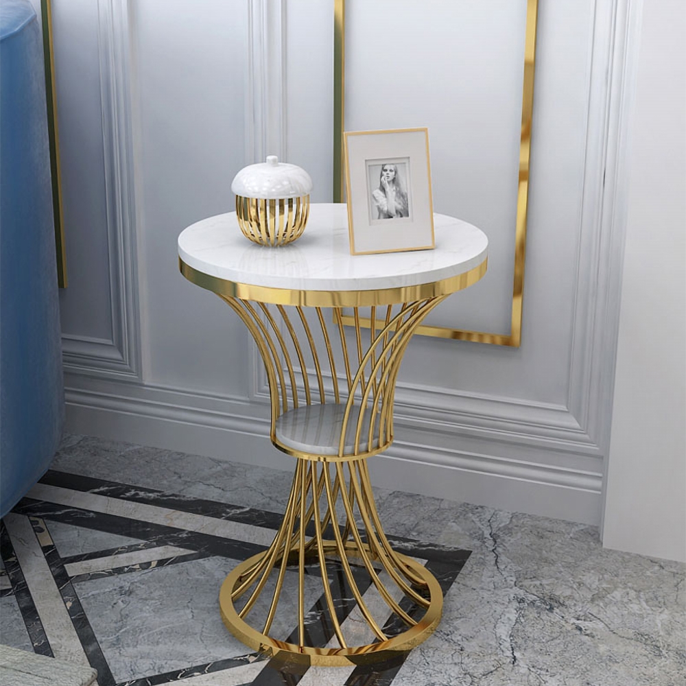 White Round Faux Marble Side Table Spiral-Shaped End Table in Gold window image